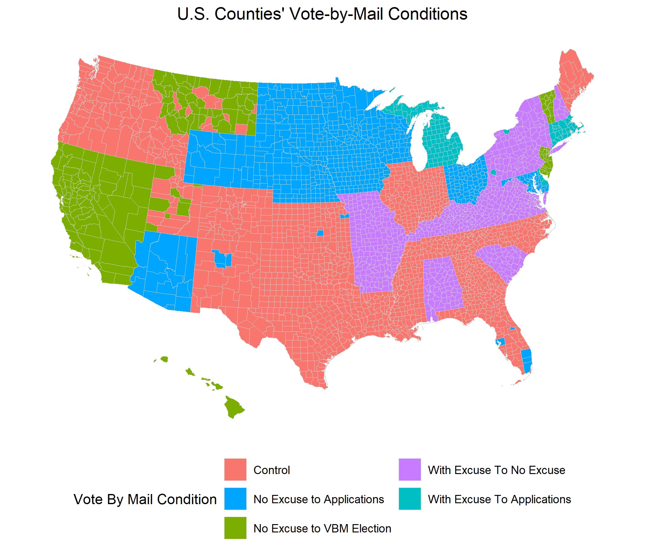 Map of 2020 vote-by-mail conditions across US counties