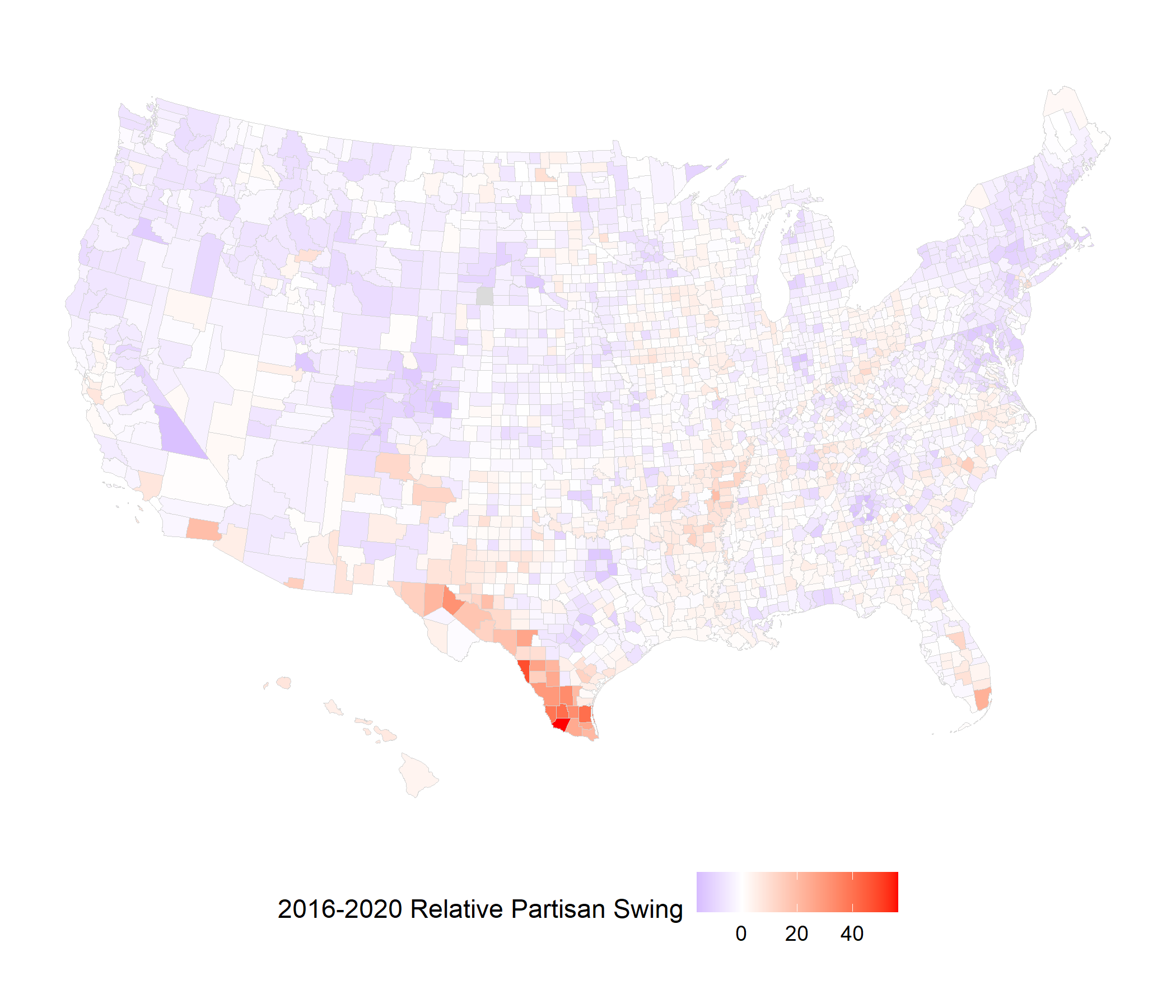 Chart of relative partisan swing in Republican presidential vote share between 2016 and 2020