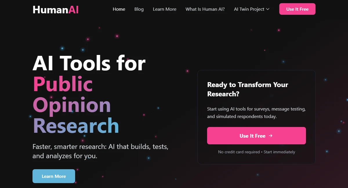 The Synthetic Respondents site by HumanAI: "AI Tools for Public Opinion Research" beside a card offering free access with no credit card