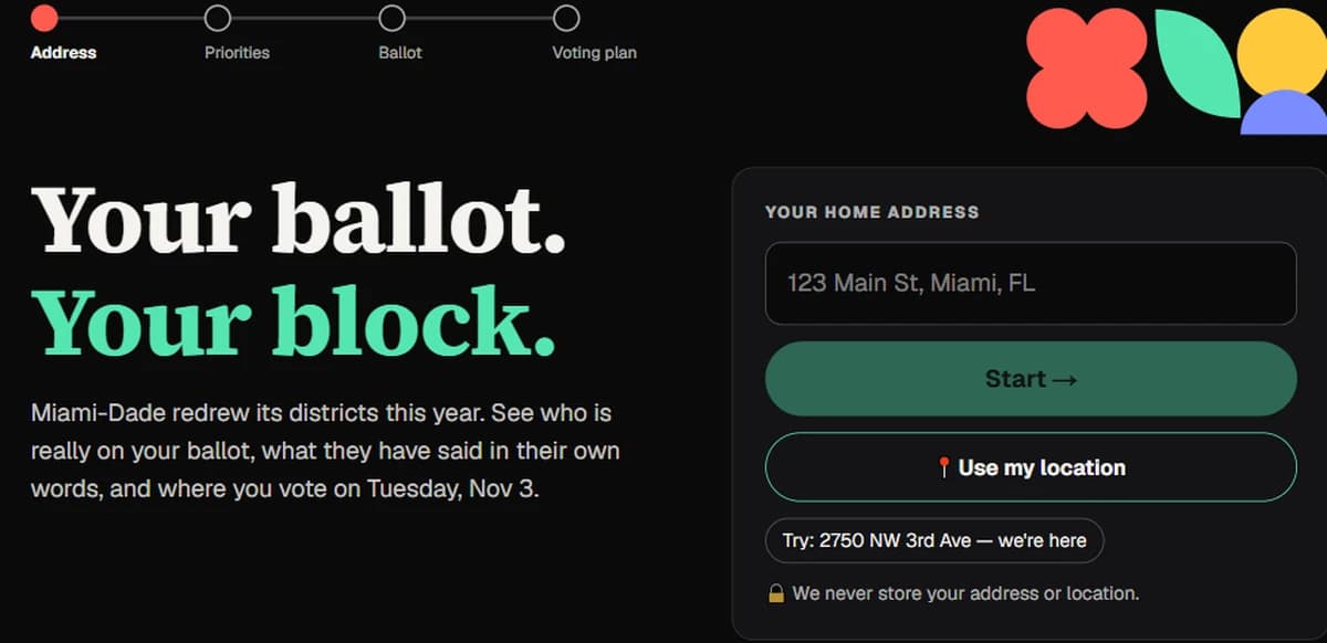 The Your Ballot, Your Block app: a four-step flow from address to voting plan, with an address box and a promise never to store it